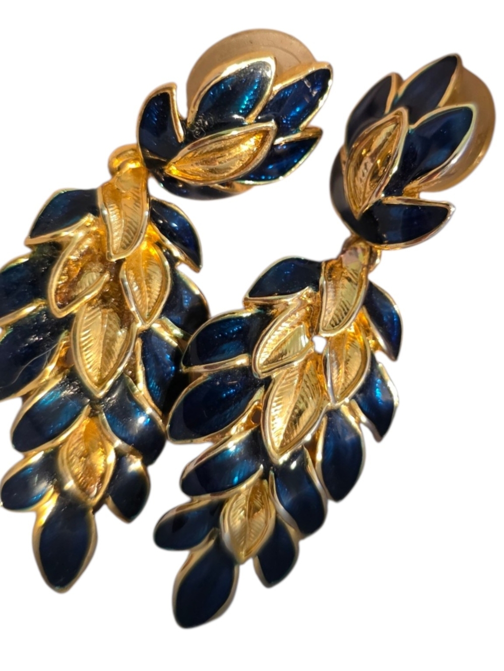 Avon Gold-Tone Earrings with Deep Blue Enamel Leaves